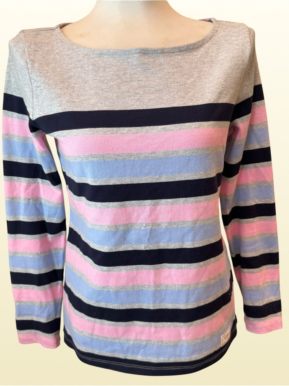 Talbots XS Striped 100% Cotton Boat Neck Long Sleeve Top Pink Blue Navy